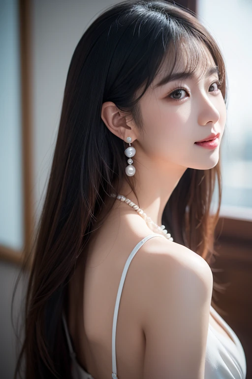 (8K, RAW Photos, Best Quality, High resolution: 1.1), (Surreal: 1.4), (Realistic, Realistic: 1.3), Soft light, girl, Realistic face, Realistic body, Realistic skin, Absurd, masutepiece, (Cute: 1.8), Cute, Solo, (conservative dress: 1.2), Detailed black eyes, Innocent eyes, blush, cello, (White luxury long dress: 1.2), movie lights, film grains, Sparkling Jewelry, Diamonds, earrings, the ring, ((Medium Hair: 1.1)), ((Floating hair Nova frog style)), Cherry lips, head band, Hair Bow, Ponytail, viewer, Long hair, Open lips, Upper teeth, depth of fields, Blurred background, Eye focus, Bokeh, 年轻, 85mm lens, F/1.4, Professional Lighting, 年轻, Photon mapping, Radio City, Physically Based Rendering,