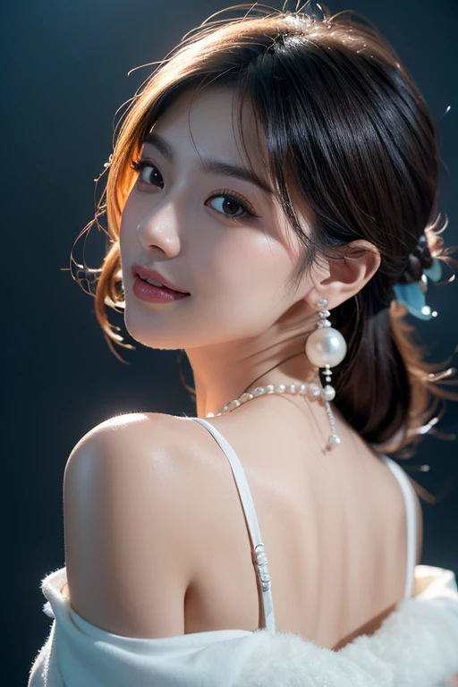 Realistic、(masterpiece、Highest quality、Highest quality、Official Art、Beautiful and aesthetic:1.2)、Very detailed、woman，people々turn black:1.2，((Backlighting:1.2))，Fractal Art、colorful、Highest detail、Tangled、(The background is bright and abstract:1.5)Silver Hair、Bright Eyes、all back、Masseter muscle area，High definition，1peopleの少女、Idol、Close-up、clavicle、picture、movie、Depth of written boundary、Jito Order、Eyes from below，Long Hair，View your viewers、Cleavage，((surrealist clothes:1.4))，Puffy eyes，Sit on，