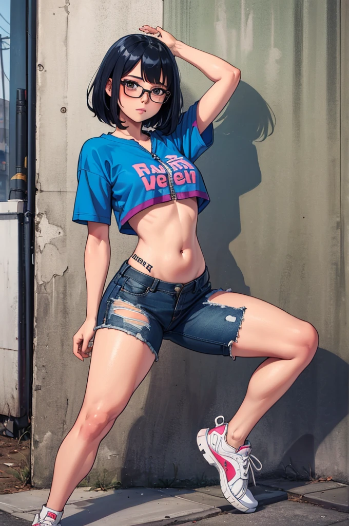 masterpiece,best quality,intricate details,
1girl,bob cut,squatting,crop top,midriff,spread legs,blue shorts,arm up,large breasts,cleavage,against wall,makeup,
outdoors,splatted fuel,multicolored background,painted wall,(red fuel,yellow fuel,green fuel:1.1),(from below,:1.2)earrings,black choker,