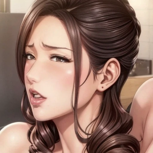 nsfw,hyperrealistic anime,adult curvy gyaru,tanned gyaru,at home,dark brown hair,pov handjob,look at viewer,earring,(cum on face),(holding penis in hand),off-the -shoulder patterned blouse,at public restroom,(winking,suffering)