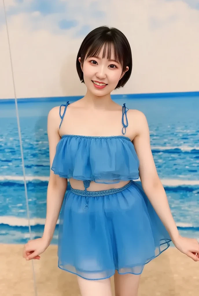 Very cute face、、Girl、Fluffy long hair、Beautiful legs、Beautiful body、Thin legs、Summer outfit、high resolution、8K、(Happy smile)、sea