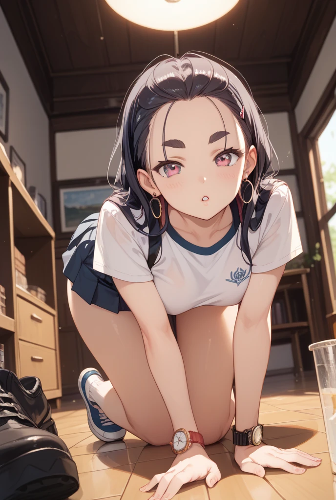 Residential Street,squat,1 ,ponytail,Black Hair,blush,White T-shirt,Olive green shorts,Brown Sandals,White skin,summer,White cap,From below,Cat paw pose,Tempered,Surprised,shy,Sweat,Open your mouth,