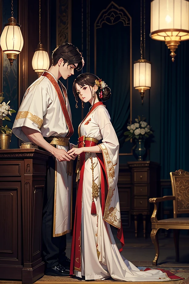 1 ROMANTIC COUPLE IN WUXIA STYLE, man and woman, fully body,FANTASY SCENARIO