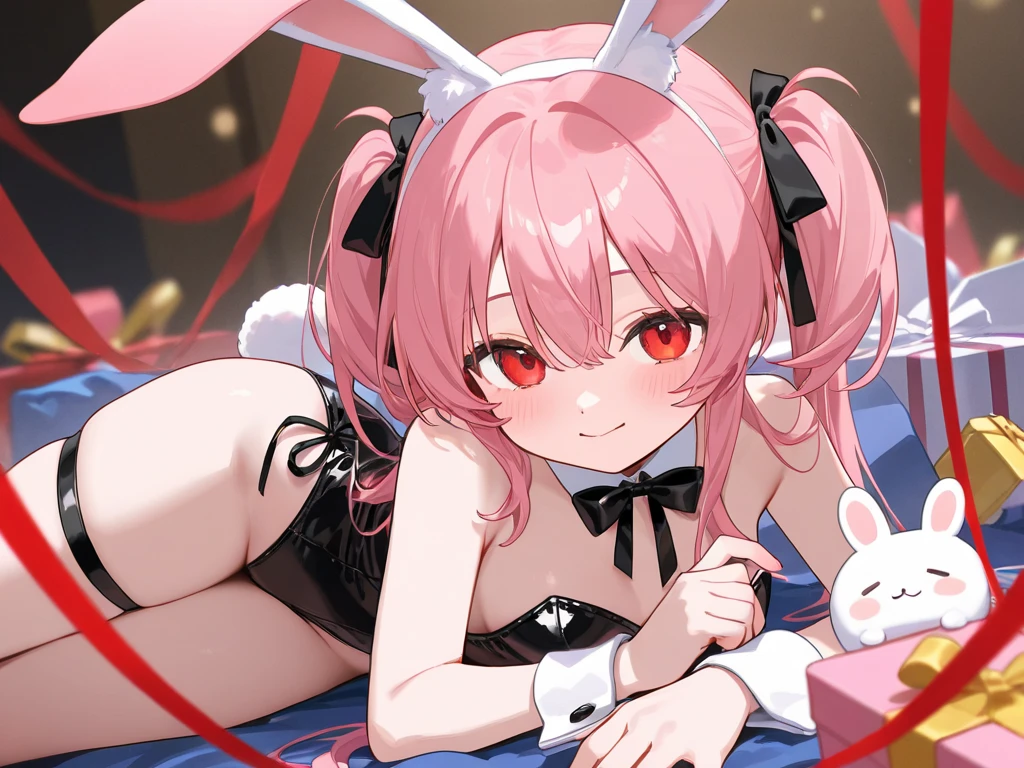Having sex, pink hair, red eyes, long hair, bunny ears, naked, A man with short black hair was inserting his penis, On bed