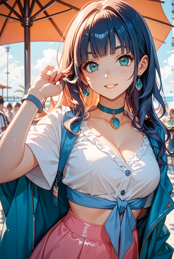 Highest quality、Highest quality、masterpiece、(8K),Beauty(Age 25)、Navy blue long hair(Braiding of the sides)、blue eyes、Sexy Bikini(Plaid)、Big cleavage、(Big Breasts)、smile、blue necklace、Blue Earrings、background(Beach)、Please open your mouth wide、bracelet、Chest puffing pose、Blue choker