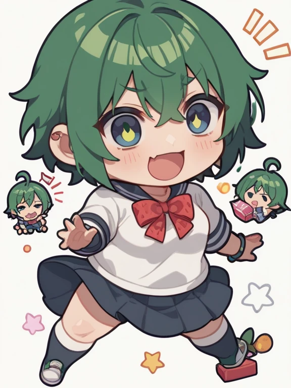 score_9,score_8_up,score_7_up, source_cartoon, source_furry, rabbit girl, rabbit tail, Green hair, short hair, long side hair, furry, blush, looking at viewer, smile, 1girl, rabbit ears, furry female, Pink skin, pink fur, light beige fur, two-tone body, two-tone fur, ((hairband, school sailor shirt, blue skirt)), school classroom, clear sky, blush, looking at viewer, standing, Black Sclera:1.5, red eyes, solo, anthro, small breasts, cheek tuft, eyelashes, eyelids, facial tuft,