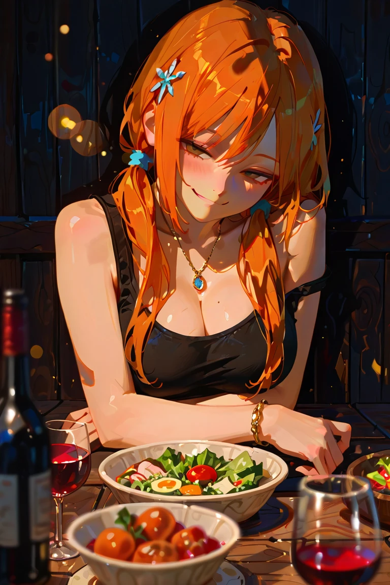 anime girl with orange hair and big earrings eating menemen
