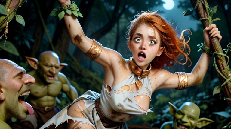 rating_explicit, score_8_up, score_7_up, score_6_up, uncensored, freckled skin, small breasts, pale skin, cute freckled face, ((-like proportions)), big green eyes, (((thick braided ginger ponytail, cute eyebrows))), tiny prepubescent helpless medieval farmgirl being lifted by huge feral monster-ogre, fucked from behind while suspended in the air, grabbed at her hips, torso dangling down, dangling legs, ((cute dainty feet)), screaming, crying, terrified traumatized expression, big amazing eyes with pinprick pupils, head hanging down, ((vaginal penetration)), ripped iumple medieval peasant dress, creampie, ((bukkake)), burning fantasy farmstead background, pillaged background, low light, ((tiny prepubescent child)), ((absurdley huge inhuman cock)), excessive cum, (((monstrous giant male)))