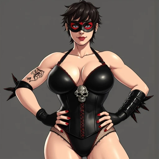 gothic 1girl, solo wearing a black leather corset with laces and belts, large boots,ribbon, lipstick, pale skin, dark purple hair, braided ponytail, perfect anatomy dominatrix, slender figure , toned body, slendered abs, ((black garter belt on hips)), midriff exposed, ((squeezed cleavage:1.2)), hourglass waist, angular face, defined cheekbones, (fishnet stockings, gothic print, imprinted skulls:1.2), dark gauntlets, heavy makeup, choker, collar, shadow over eyes, looking at viewer, masterpiece, black thigh highs, black lingerie, boots, high heels, white background