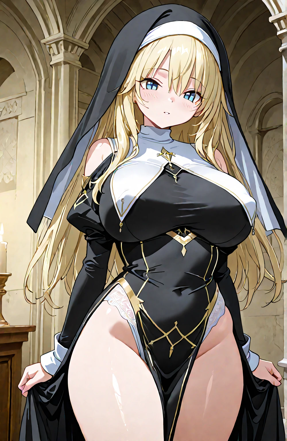 sigui \(queens blade r\), nun, 20yo,young female, brown long hair, bangs, green eyes, purple cape on her head, purple outfit, cleavage cutout, cleavage,[bare breasts,elect nipples], puffy sleeves, jewelry, necklace,perfect lighting,(skirt lift,upskirt),[tucking up the skirt],(white panties),embarrassed, break background church