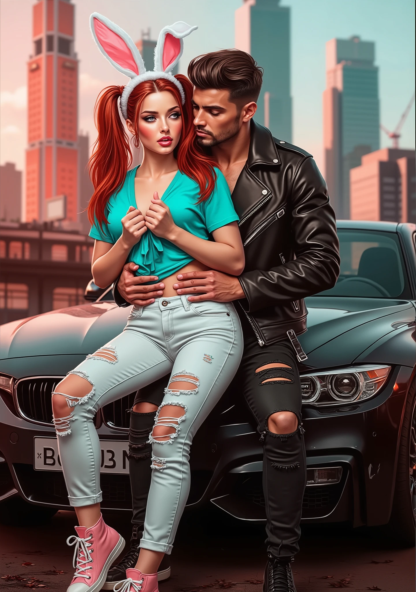 vibrant
vivid ethereal hyperphotorealisticdigital detailed cover for a passionate modern erotic sexy hot romance, on foreground vividvibrant
contrasting, beautiful flirtous erotic Russian 18 year old red-haired WOMAN with two pigtails in a sliding TURQUOISE T-shirt with a WHITE PLUSH BUNNY and ripped WHITE JEANS glasses, PINK sneakers sit on the bumper of a cool black expensive car, from behind hugs her face and ass by a beautiful muscular sexy brutal cheeky sexy brunette man with fashionable haircut in a black leather jacket and black RIPPED JEANS, turquoise buckle, Ideal for
bookcover. model faces against the background of a modern metropolis .extremally
professioanal,scene,many detailed,trending fashionable image for bookcover.Ideal
for bookcover. dynamic angle, extremally professioanal,scene,many detailed,trending bookcover.winner bookcover.Красивые
model faces . fashionable image for bookcover, ratio 2:3, model faces, only
image-no text, emotional poses, expression . model faces ,dalle-3+midjourney
style+GREG RUTKOWSKI, is intriguing . hd, hi-rez, black-red, on the belt., MUCH DETAILED, hyperrealistic drawing. rich rich colors, bright shades, contrasting !
ratio 2:3. The perfect composition for the Ratio
2 sides:3. Vertical image 2:3. Creative composition. clear background .