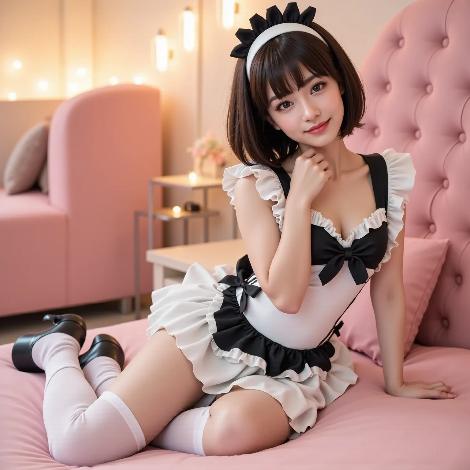 ulzzang -6500-v1.1, (Raw foto:1.2), (Photorealsitic:1.4), a beautiful detailed girl, extremely detailed eye and face, beatiful detailed eyes, Ridiculous, unbelievable Ridiculous, huge filesize, ultra-detailliert, hight resolution, ighly detailed, top-quality, masterpiece、One girl,White and pink theme、Kawaii Girl、White and pink maid costume、Pink bra、White corset、Pink Panties、White ruffles、White see-through stockings、garterbelts、Dance hall、Have a plate、Stand up and guide your customers、a 18 year old girl、Cute smile、A slight smil、short-cut、bobhair、View from the window、Young skinny sexy idol、Undersized breasts、Smaller chest、Phetcha Pai、fully body photo、sitted、Bend your knees and open legs、M-shaped legs、Short stature girls、flat chest、flat chest、Phetcha Pai