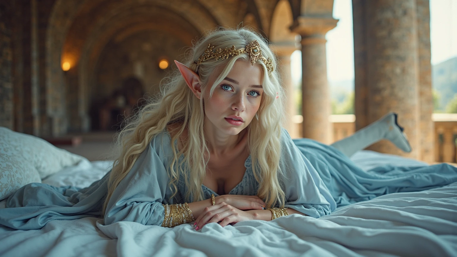 (Sexy) 1 adult horny woman elf archer, with long hair, dressed in medieval clothing, excited state, slightly open mouth, slight smile, erotic pose in the bed, looking at the viewer. photorealistic, soft light, Overall detail: 1.5