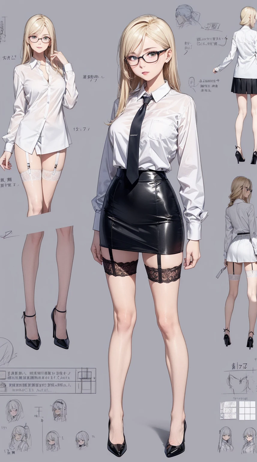 girl, alone, whole body, From head to toe, Are standing, (Huge Saggy Tits:1.3),
Character design sheet, Character Reference Sheet, 設計図のSchematic, Drafting, Blueprint, Schematic,
((Character design sheet:1.7, Character Reference Sheet:1.7,)),
anime/cartoon character wearing a girls , 1girl, alone, ,Mature Woman,Cleavage,Long sleeve,Collared shirt,White shirt,,(Tight Skirt),((garter belt)),(High heels),Skirt Suit,mini skirt,office lady,Long Hair, bow, , (Very short skirt:1.4), (lingerie:1.5),secretary,Thin glasses, (In underwear:1.8),nsfw,Full nudity、