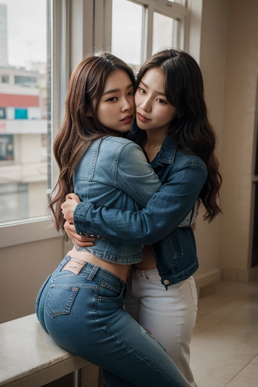 1 man, 1 woman, (male model grabs female model's hands from the back, kisses cheek, intimate relationship: 1.2), Araf woman in pink top and jeans dancing with handsome male model, Korean female fashion model, photo of slim girl model, wearing tight simple clothes, thin waist and thick buttocks: 1.1, gorgeous young Korean woman in sexy cropped top with crop top, Korean girl, casual dress style, 2 4 year old female model, beautiful Korean woman, HD, 16k, realistic, Small round face: 1.0, realistic perfect face and skin, detailed beautiful glasses, double eyelids, long eyelashes, swollen eyes, realistic face and eyes, facial light, super detailed facial details, lip gloss, blush: 1.0, brand open crop top (pink, open V-neck, sheer mesh, super realistic detailed clothes: 0.8, huge boobs: 1.5, perfect breasts and nipple bulge: 1.5), skinny jeans of high-end brands ((super realistic detailed jeans: 0.6)), Perfect big boobs, perfect breasts, perfect waist, perfect buttocks, (enchanting, beautiful, sexy: 1.0), (round calves: 1.2), (white and tender toes: 1.2, wearing high-end designer crystal sandals (stiletto heels: 0.5)), realistic and stylish shawl hair, shoulder length: 1.0, smiling teeth: 1.0, handsome male model: 1.0, private shooting, private shooting, background ((super luxurious yacht, green venue, buffet table, swimming pool, Poolside umbrellas and beach chairs)), dancing with a male model: 1.2, beautiful dancing: 1.5, autofocus: 1.2, various poses, shooting full body: 1.5