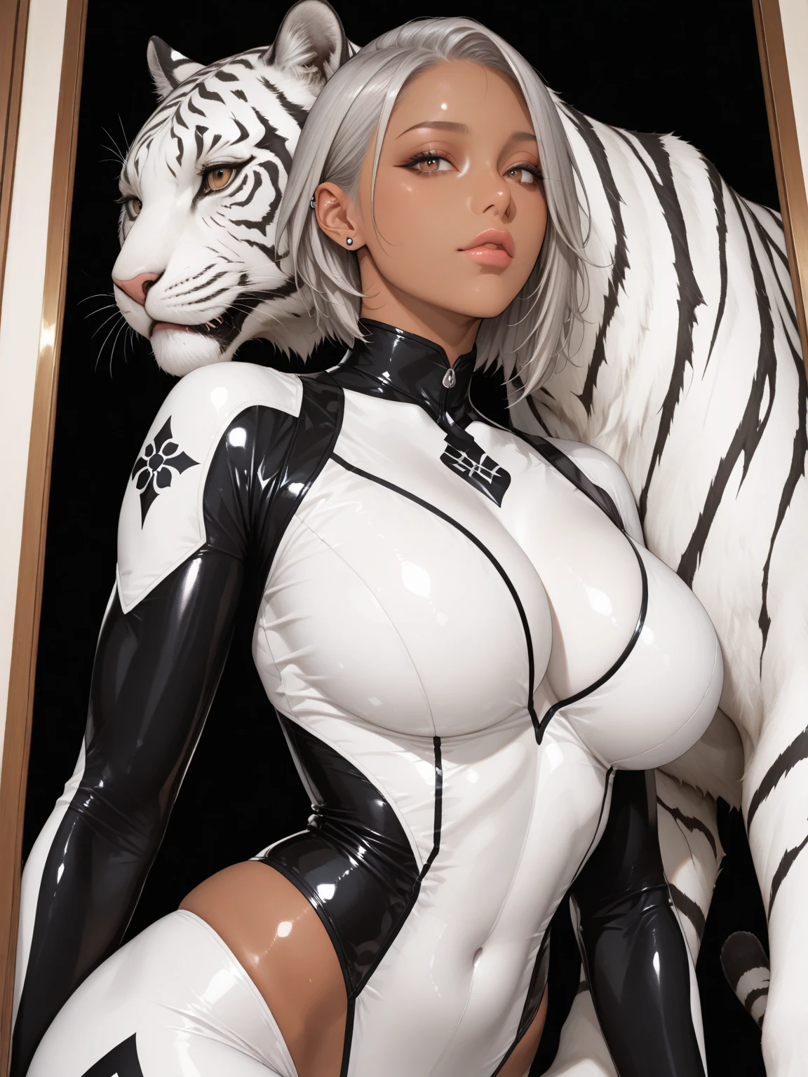 Ultra-high resolution、Ultra HD、8K、Realistic live action、style of yoshitaka amano ~ Anime girl as rider Anime girl posing. Standing next to a huge, ferocious black panther.Surrealist. Bright white and black with sharp shadows, Reminiscent of Boyce and Senken. The black panther&#39;s eyes are blue and sharp、(micro bikini 1.4)、(((busty breasts 1.8)))