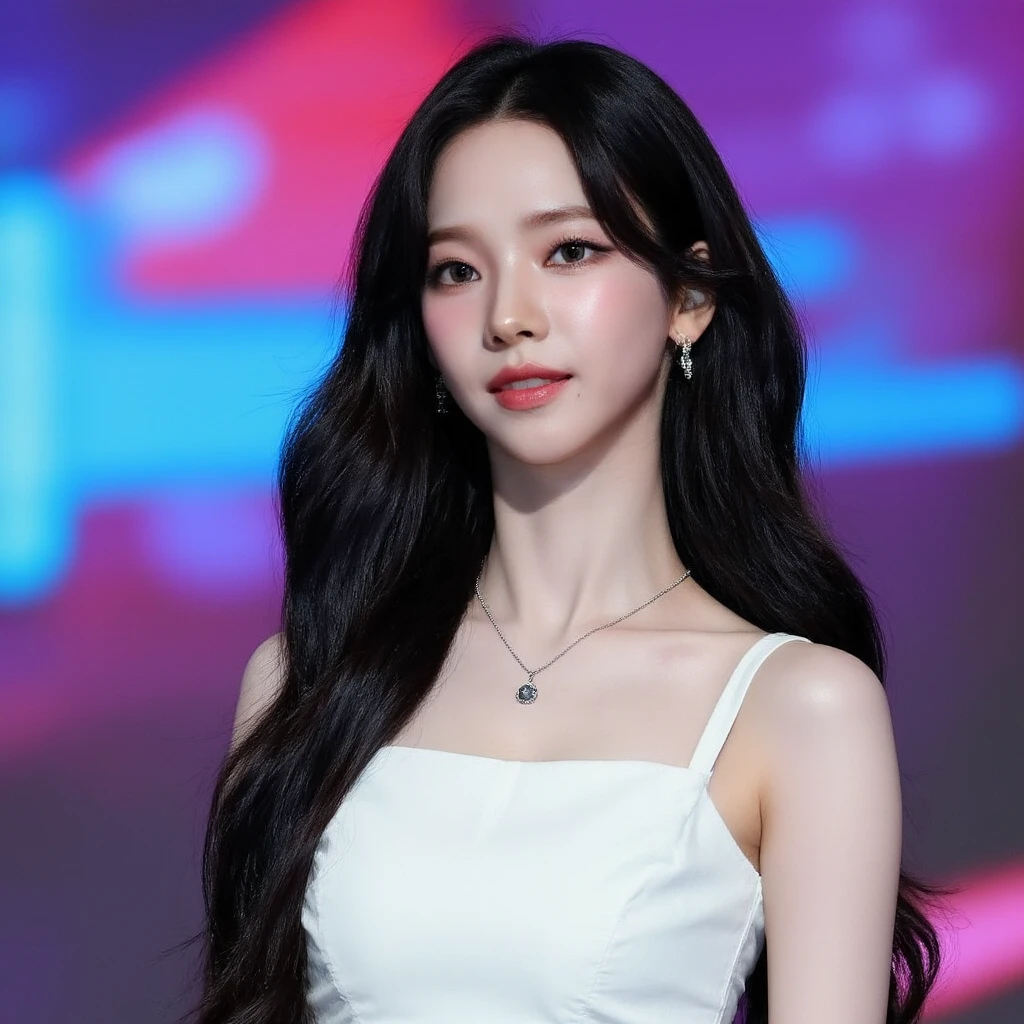 (Extra detailed body、The face is rich in detail、Best quality:1.2)、woman、looking at the audience、Full body model，(quirky fashion、Large shoulder-length piercing、A necklace、Clothes with strong contrast of gray, blue, white and black、Asymmetry)、(Contrasting white and gray wall on background)，Smiling，Big breasts，Pursed lips