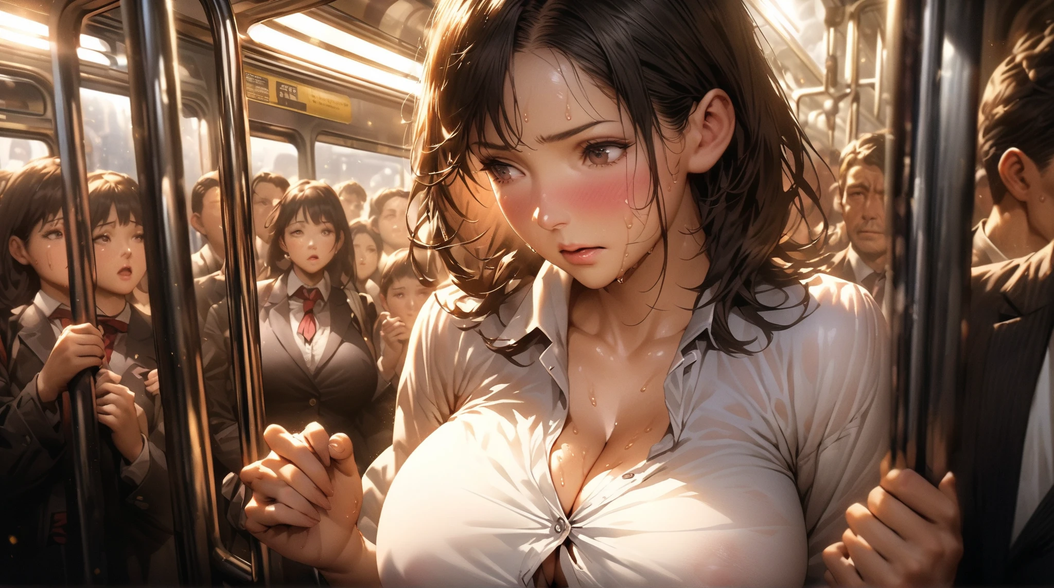 Girl surrounded by a crowd on the subway,nsfw