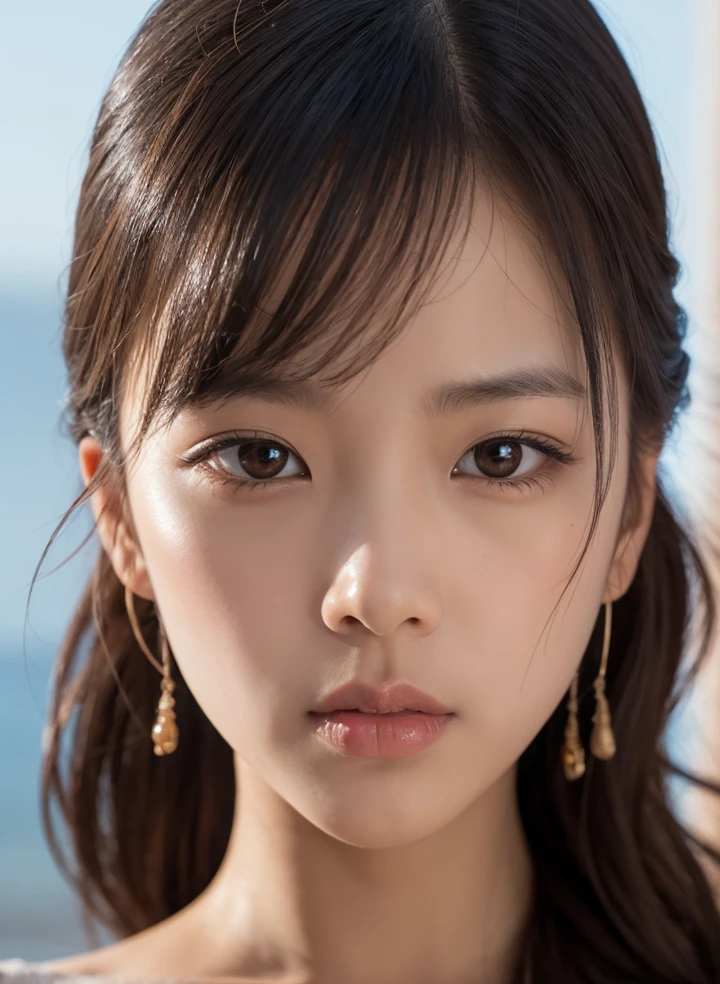 ((highest quality, 8k, masterpiece: 1.3)), 5 women (all wearing white bikinis, Korean with long brown hair, Japan with black hair princess cut, Taiwanese with light brown color bob cut, Chinese with brown hair medium hair, Japan with blonde layered haircut), blue sea in the background, facing forward, refreshing smile, evenly spaced side by side, looking at the viewer, upper body close-up, overhead camera, Sharp Focus: 1.2, Cute Women: 1.4, Highly detailed face and skin and hair texture, wet textured hair, wet body, detailed eyes, double eyelids, white skin, beautiful legs, beautiful delicate nose, cute young, pleasant to the eyes, while highlighting the subject's hair, eyes, mouth, action, while exuding melancholy emotions, characterized by a contrasting mix of calm tones and light and shadow, It is a thought-provoking composition.