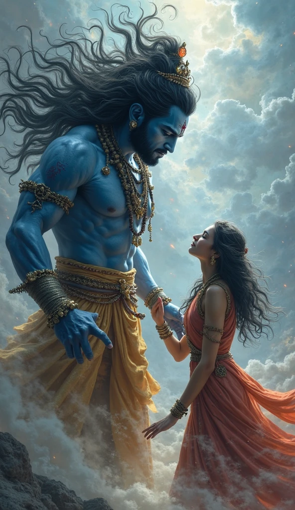 Lord Shiva is angry with trisul in his hand
The head of a small boy is near the feet of lord Shiva
Maa Parvati is crying
Background has to be Himalayas