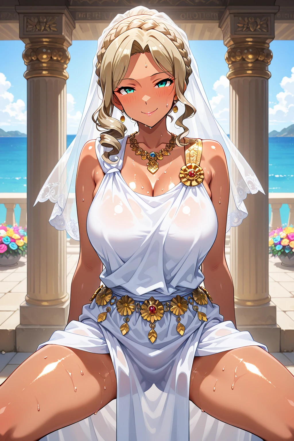1girl huge large breasts,Greek goddess，Vi delicate and beautiful face,Golden hair，Various hairstyles，Garland crown，voluptuous breasts，Convex buttocks，greek clothes，Tulle covers the breasts，perfectly proportioned, Detailed clothing details,Temple，marble，god statue，World Tree，Cinematic lighting, filmgrain, Fujicolor, lightand shade contrast, 8K, 巨作, Textured skin, Super detail, High Details, High quality, A high resolution,