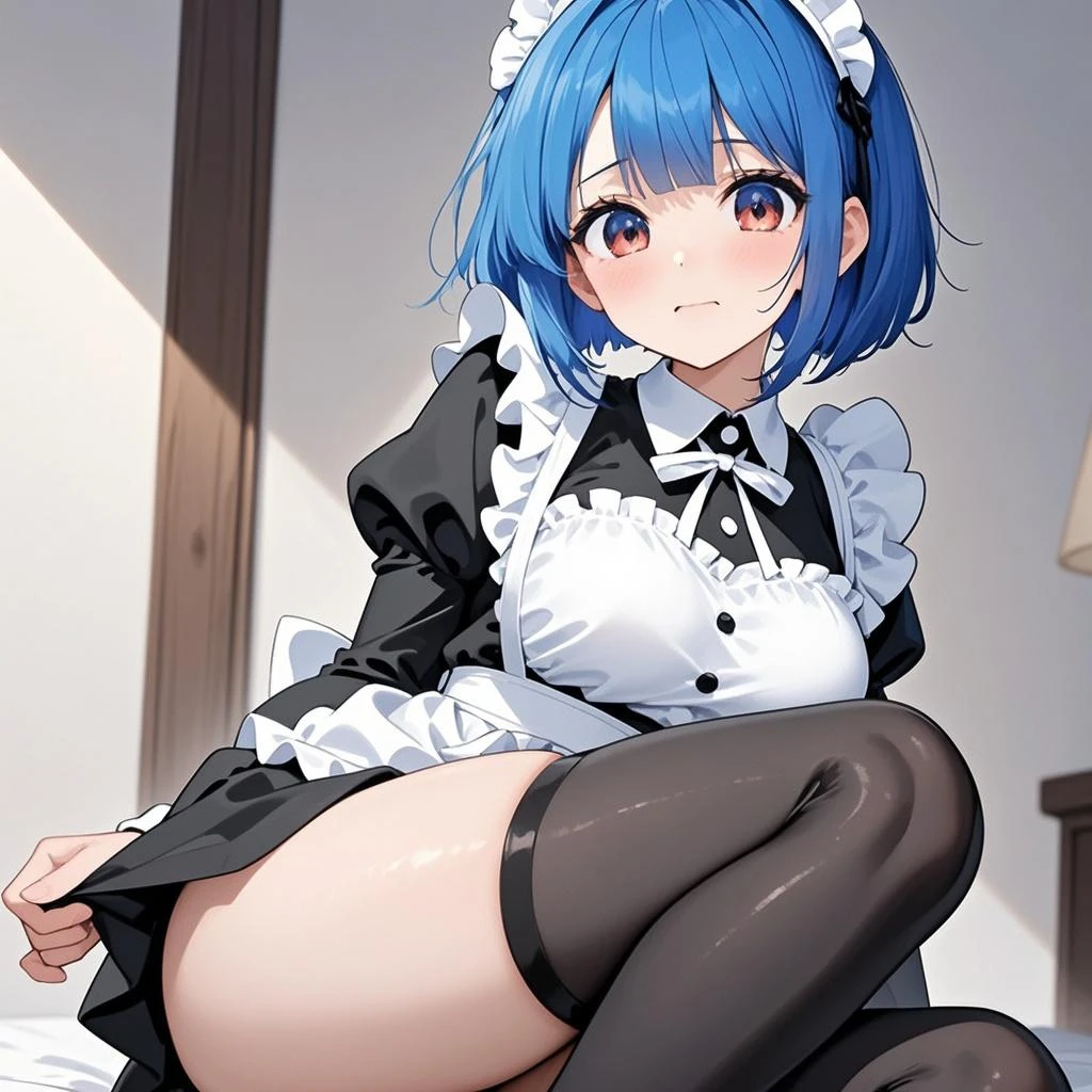 Best quality, ultra-detailed, girl 21 years old appearance = “средние blue hair”, “brown eyes”, “Wears glasses”, “pierced lip and tongue”, “Height - 165”, “идеальная грудь”, “Elastic butt”] [Clothing = "maid uniform, short skirt", "No bra", "секси thong", ((uncensored)), ((back view)), ((Very detailed clothing)), ((leaned over)), ((best ass)), ((sexy panties)), вид сзади, показать задницу, извращенка, возбуждена