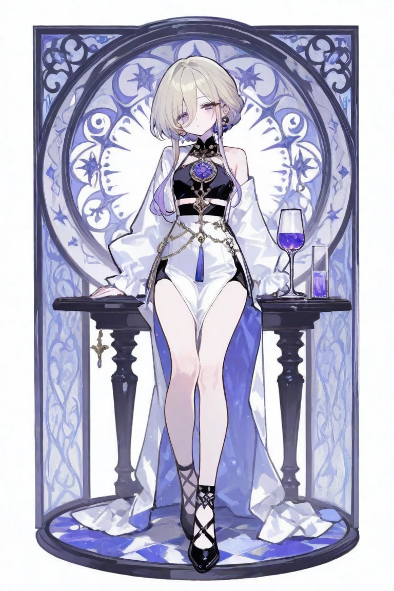 table top High level image quality best image quality 8K adult woman whole body view portrait pure white long gloves(elbow gloves) white long dress(slit) white wolf ears short hair((shortcut)(gray hair)(perm)(fluffy)) eye color is blue attractive evil facce , face details, smile , nightfall moonlight sexy pose , sitting down , crossed legs style in detailed , labrynth , face focus (Crystal chandelier) , view legs , view soft barefoot