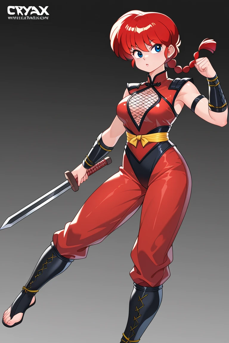 mixed_artstyle, 1 girl, Alone, hands, Asian, short black hair with red highlights, red eyes, High quality images, curves visible, cinematic, wallpaper style, view from below, Ninja outfit, Oni mask, black colors with red details, red sword, jumping pose, effects, inkpunk style
