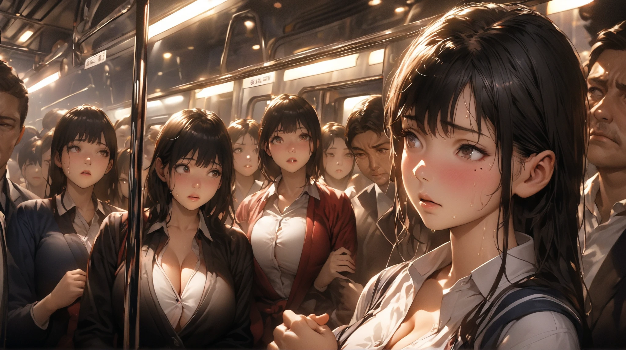 crowded train, girl as yukino yukinoshita, fat bald man hugging her from the front talking with mouth and lifting her legs, black sexy lingerie,, pubic hair visible, 40k, photo, masterpiece, best quality, dark grey background, (with one girl's immediately open legs with very small breasts, an elderly man leans on her from the front and picks her up and does different poses, Blushing, troubled eyebrows, rough breath, clenched teeth, burning face, heart pupils, sweaty, full body wet, black hair, long hair, knee bending, reluctance, watery eyes, (small breasts:1.1), soaked, small, slender, white shirt, tie, pants visible through short pleated skirt, slouch, slender, short pleated skirt, slouching, hands on chest, crotch open, lewd, kissing, hugging, tongue sucking, legs tangled around hips, cowboy shot, touching very small breasts, hands on the crotch, breastapart, (ahegao, rolling eyes:1.5)
