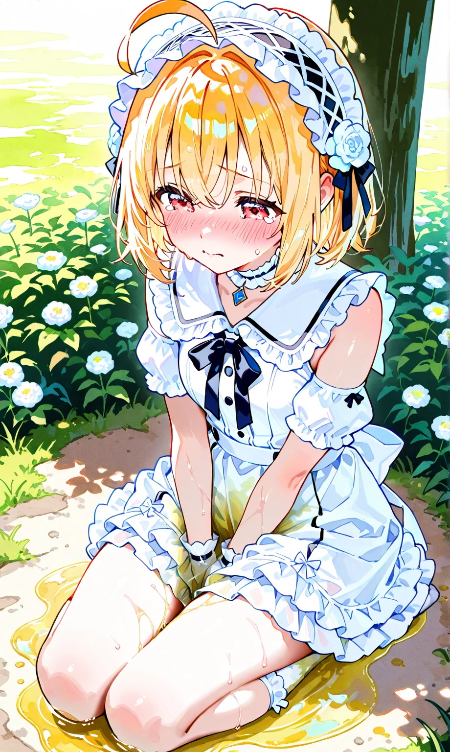 Idol、masterpiece、top-quality、Beautiful expression、absurderes、nffsw、(cowboy shot、White Ruffled Lace Mini Dress、White collar、White ruffle cuff、Particle:1.5)、(bloom、Glow:1.4)、(A smile)、(Blonde short、yellow eyes:1.7)、foco nítido、Photorealsitic、hight resolution、highestdetailed、ultra-detailliert、detailed faces and eyes、Sharp pupils、Realistic pupils、foco nítido、 shinny skin、Black corset、(dark forest、a river、dark backgrounds:1.5)、Rim lighting、Dynamic, Cinematic lighting、(((tucking up the skirt:1.3)))、(((White panties are visible)))、