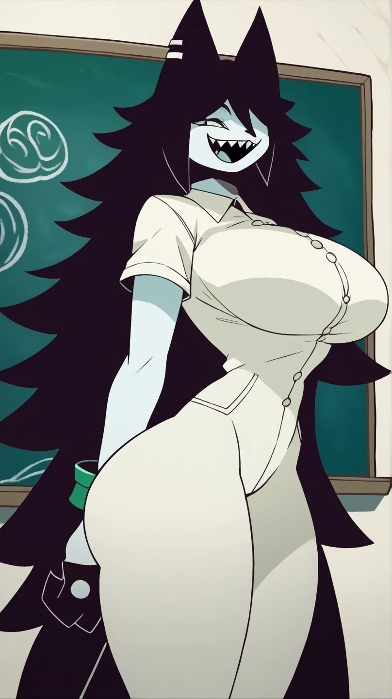 My little pony, (Pony), (black stripe on hair), white hair, (pale white body), gray eyes, big breasts, purple lips, big butt, belly, milf, perfect lines, cinematic, stocking, (sexy pose for magazine), (dominant teacher wear)