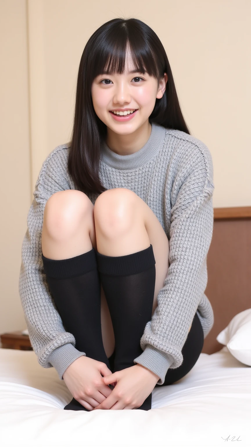 ((highest quality、8k、masterpiece:1.3)),((((fullbody shot)))),Ultra-high resolution,big eyes,Japanese,bangs,(a girl),(1 girl),((20 years old)),((facing at viewer)),(long hair),(((black sweater))),grin,((squatting on deck)),(((pussy))),((skirt lift)),(((black short crew socks)))