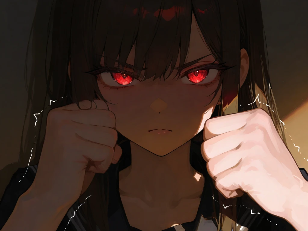 1girl, brown hair, long hair, ahoge, brown eyes, blood, bloody, horror, eerie, torture, pain, suffering, crying, injury, chains, electricity, yellow lightning