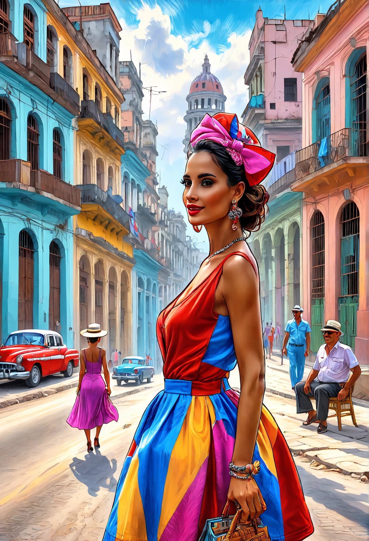 Craig Mullins ilustration style, stunning Cuban lady, long cascading hair, beautiful green eyes, thick lips, flowing floral dress, exuding sensuality, surrounded by bars in the street