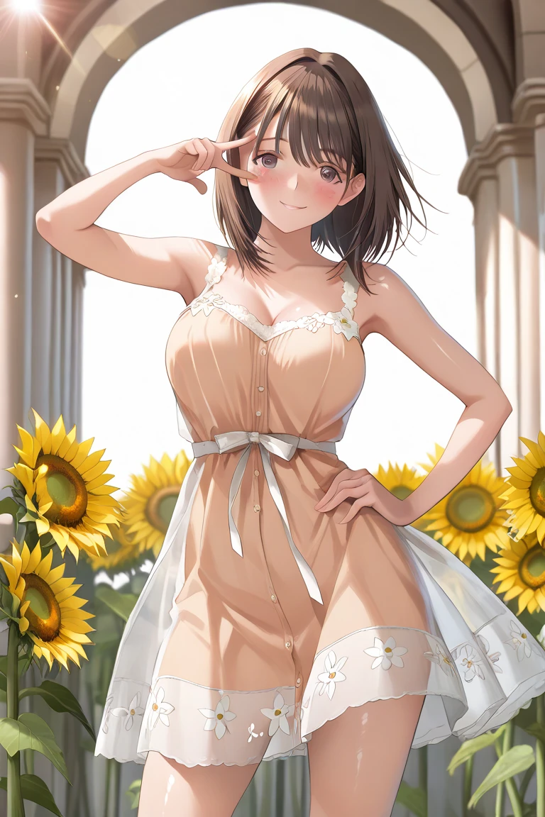 Beautiful girl in a white dress、17 years old、cleavage、bare shoulders、straw hat、summer、field road、Run