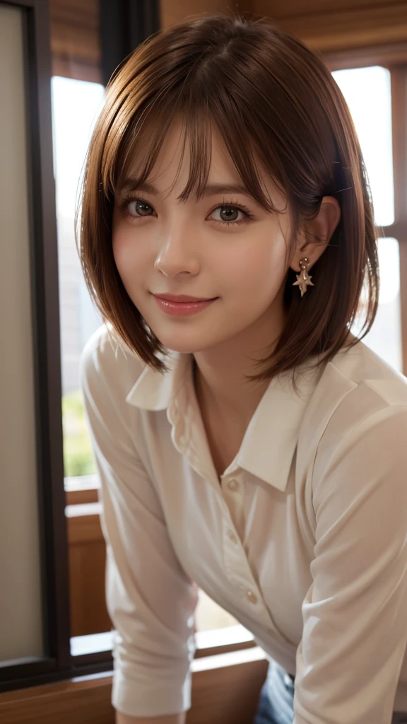 Tabletop, highest quality, Very detailedな, cute, cute, Lovely, sexy, device, Very detailed, 4K, 8k, highest quality, beautiful, Genuineistic, Genuine, Looking up from below, office, evening, , , alone, Face and big , suit, Office Lady, secretary, (Bottomless), beautiful light brown hair, beautiful eyes, short hair, Earrings, Light Smile, blush, Lens flare, Cowboy Shot
