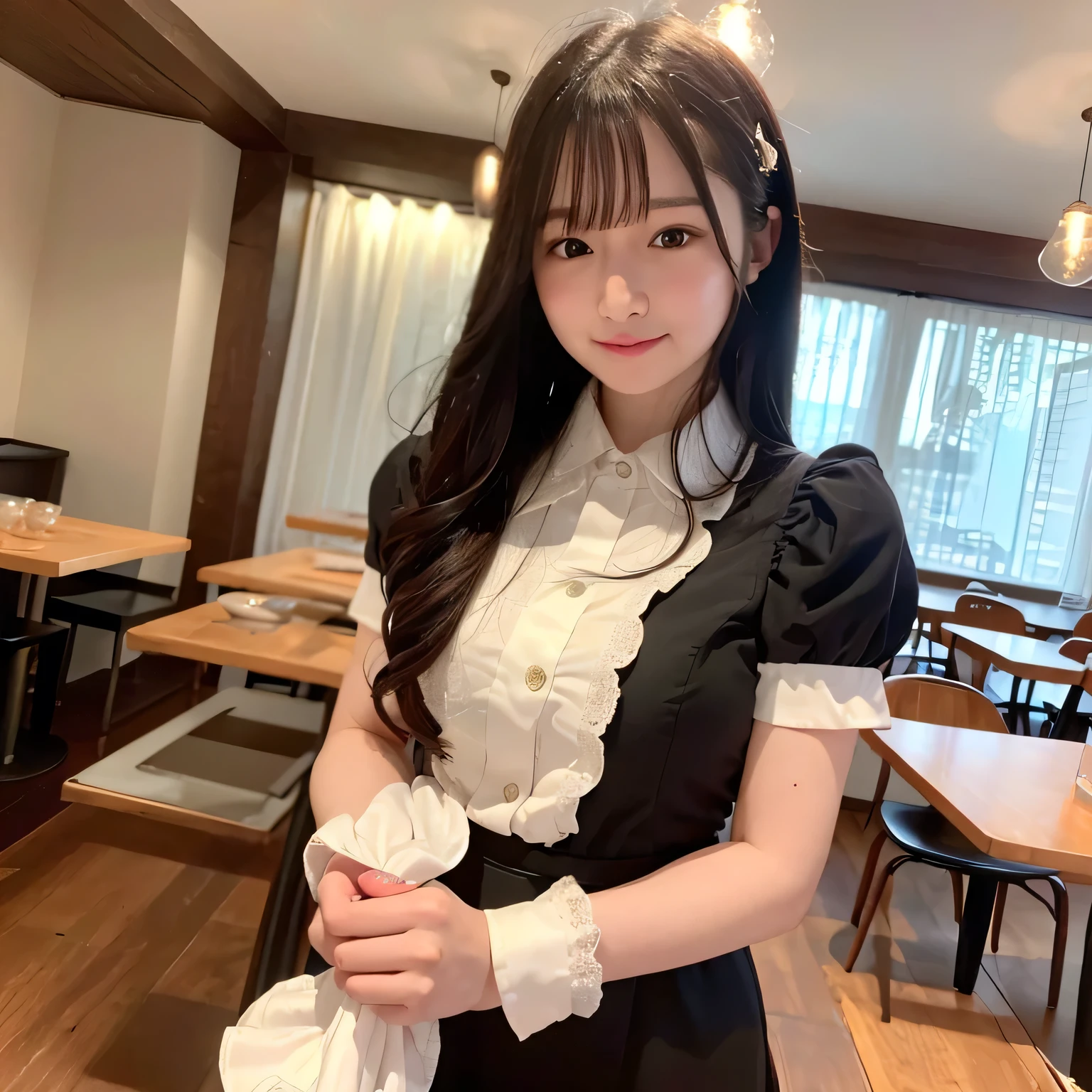 A girl is working as a waitress in a cozy cafe. She's wearing a classic maid outfit. The air feels warm and calm, and it's like you can almost smell the coffee through the picture. Bob haircut, dark hair, dark eyes.