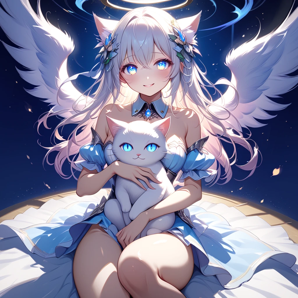 Sweet angel girl is floating among the clouds with her big white feather wings and she is carrying a cute fluffy cat in her arms. (Correct anatomy)