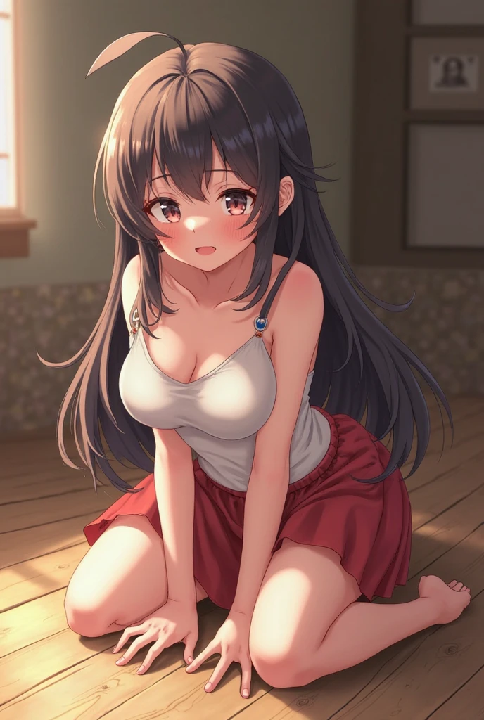 Highest quality, masterpiece, 4K, Highly detailed face, Highly detailed skin, Highly detailed wallpaper, Japanese anime, Second Dimension, Small face, Big Breasts, Normal body, Accurate body, Fine skin, Very beautiful cleavage, NSFW, whole body, One girl, Shy smile, Sweaty, Cosplay, , mini skirt, Spread your legs