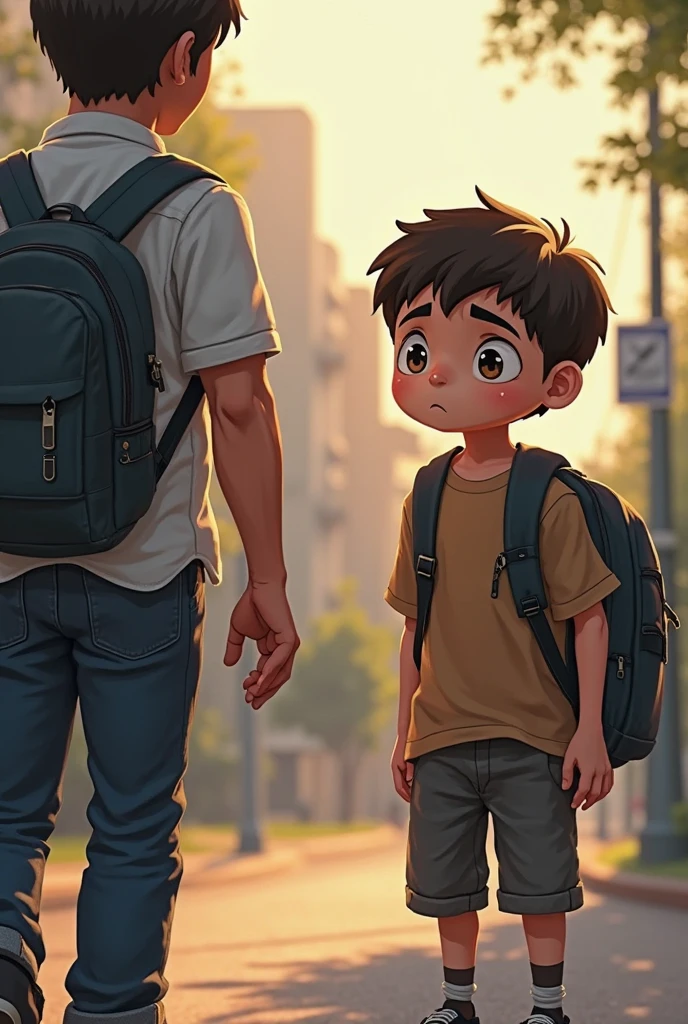 sad autistic boy surrounded by other children being teased with puzzle backpack