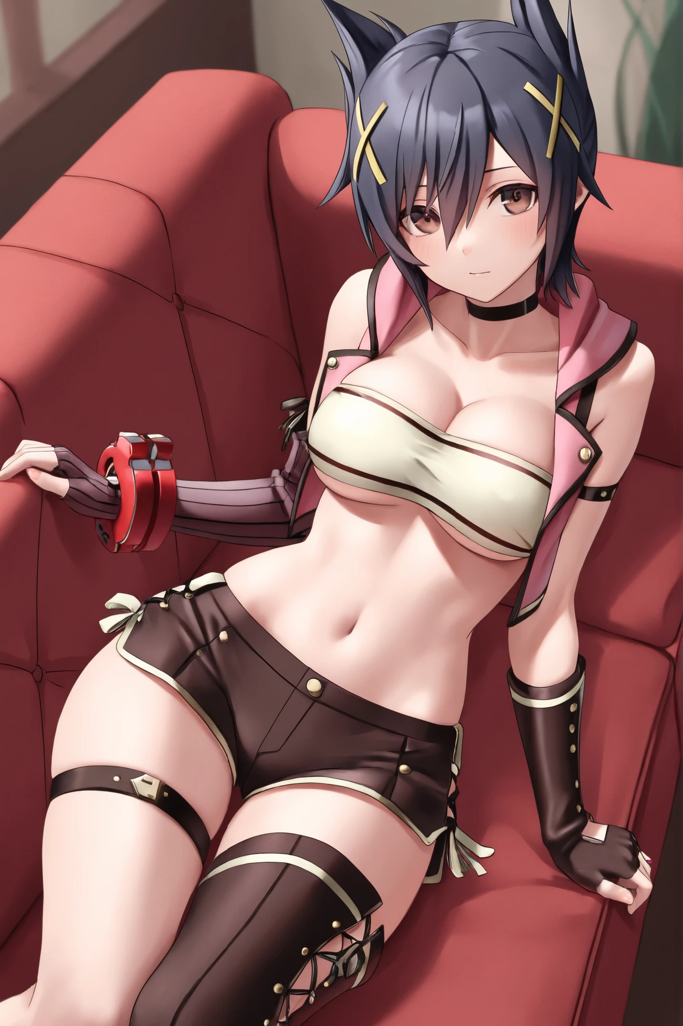 (masterpiece, best quality) ( 1girl, solo ) snow white, modern disney style, cartoon style, red bow, blue eyes, short black hair, sitting on a window sill with a black bra and cuffs, wrapped in leather straps, leather cuffs around wrists, shibari, restrained, harnesses and garters, handcuffed, handcuffs, dominant pose, sexy dominant pose, chained