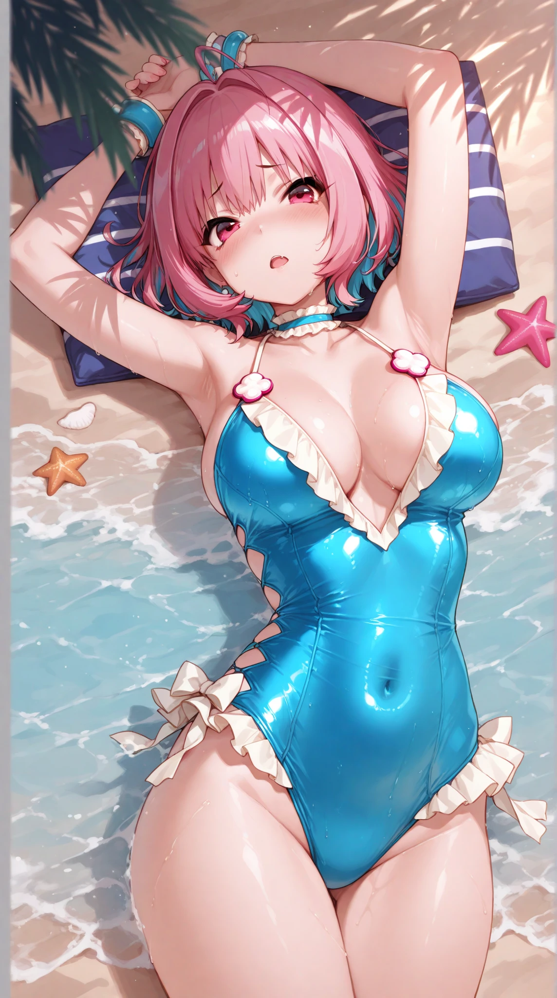 best aesthetic, 1girl, solo, long hair, breasts, back towards viewer, looking at viewer, smile, bangs, very large breasts, really huge butt, big butt, swimsuit, cleavage, pink lipstick, kiss marks, outdoors, sky, day, bikini, cloud, tree, water, pedal, blue sky, purple bikini, pink pool float, inflatable butterfly wings, beach ball, sunglasses, palm tree, beachball, beach umbrella, ocean waves, a beautiful young woman wearing a purple bikini and sunglasses, lounging on a pool float in a sparkling blue pool. She is surrounded by tropical flowers and palm trees, and the scene is set against a backdrop of a bright blue sky with fluffy white clouds. The woman's pose is sexy and seductive as she floats in the pool, enjoying the sunshine. The colorful flowers, pool float, and her bold purple bikini all contribute to the fun, summery vibe. The overall atmosphere is cheerful and lighthearted, capturing the essence of a perfect poolside day.