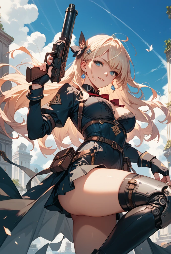 (masterpiece:1.4)(A beautiful woman in a camouflage maid uniform is driving a motorcycle while holding a huge rifle.)(background:Battlefield Wilderness)(Female Sniper)(Blood on the face)(Dynamic Movement)(Grim expression)(Full body)