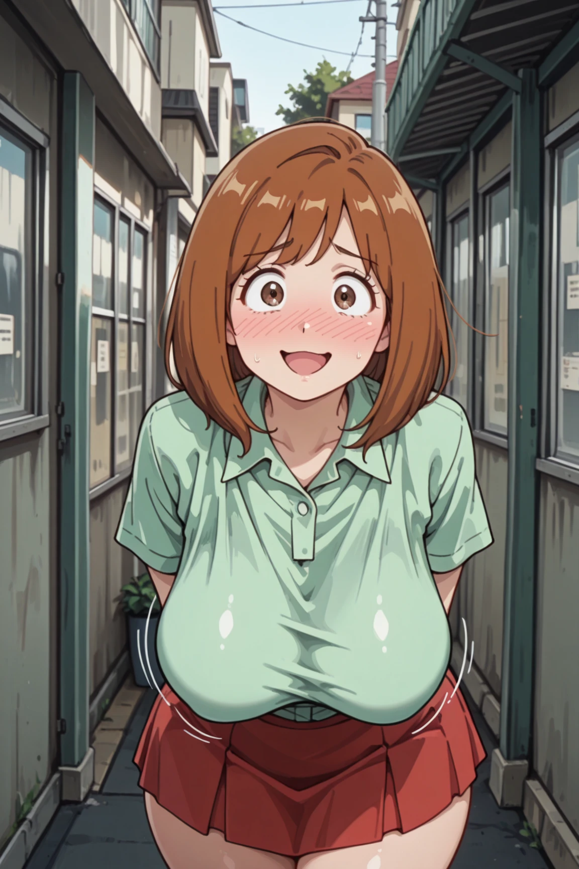 1 girl, adult girl, beautiful eyes, red eyes, Short bob haircut, (red_red hair) , (big breasts), wet, dirty feet, ((blush)), (embarrassed),(Looks),check_9, check_8_up, check_7_up, check_6_up, anime,naked in a raincoat,a ruined street in the background, wasteland ,((runs:1.1)),(((chest bouncing in different directions:1.3))), (Scream), ((dynamic frame at speed)) , ((whole body)), (all skin is dirty color) ,full length)), (((wearing a yellow raincoat:1.3))) , crying