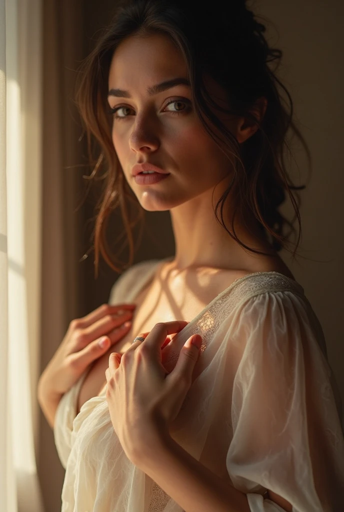 Generate a beautiful woman in a sensual pose wearing lingerie in a well-lit room, wearing a white dress shirt, with cutout lights, ultra detali, glowing complexion, calm and peaceful environment, graceful pose, super realista bem detalhado em hd high qualiy, delicate curves, ((best qualityer, Top-notch image quality, high qualiy, Real image in high resolution, detaileds, masterpiece, professional photograpy))