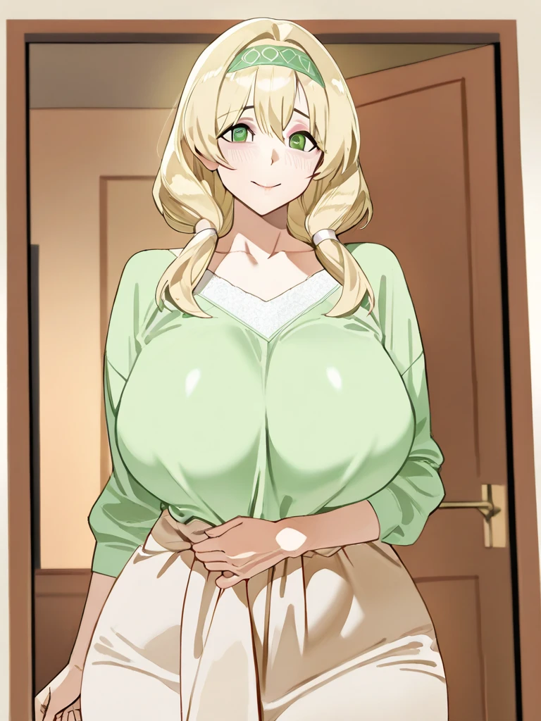 (best quality:1.5, highres, UHD, 4K, detailed lighting, shaders), blonde ponytail, busty, camisole, cleavage, panties, standing, (close shot), sexy, smiling, lewd, erotic