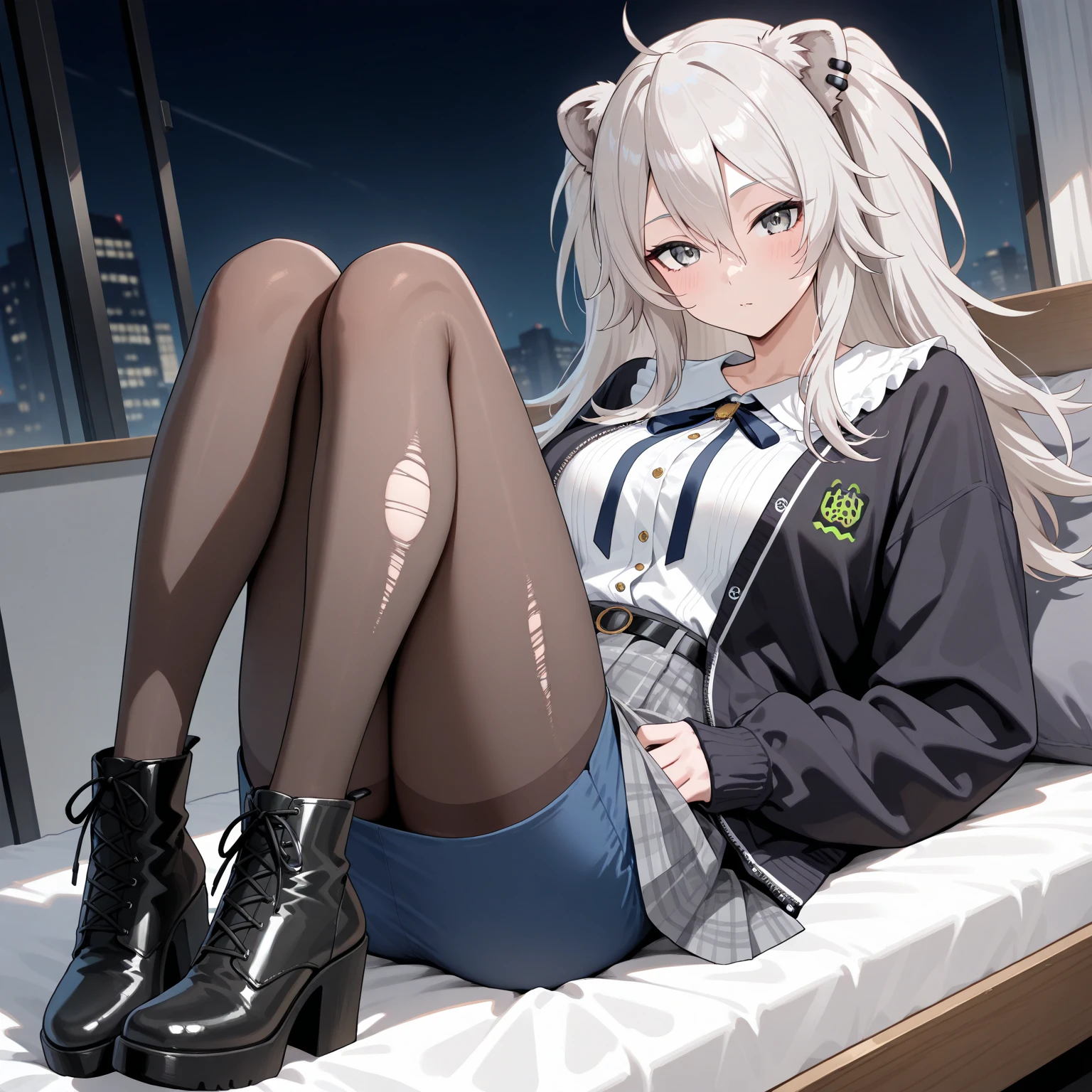 Girl, 16 years old, full bodyesbian, Bigger than the building,No shoelack stockinglack jacket with white shirt ,Blue tie,white hair,Wolf ears,Light red eyes,A cold expression, Destroyed buildings, Sit on a destroyed building,The one who was trampled to death,blood on ground,GTSCity, As a giantess, Bright pupils, Smile, Naughty face, 16k, High quality, High details, Anatomically correct, Textured skin,The feet emit steam,feet up,