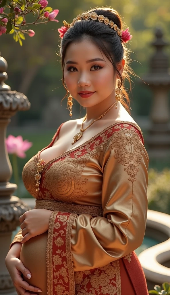 masterpiece, ultra realistic, 32k, intricate details, sharp focus, realistic, closed, seductive pose, black eyes, jewelr, lips, looking_at_viewer, irene1, white skin, shiny skin, long sleeves, indonesian clothes, transparant, asian, bali, balinese, cityscape, dinamyc pose, ((red kebaya)), full body, busty cody, curvy body, long hair, beauty face, cowboy shot,