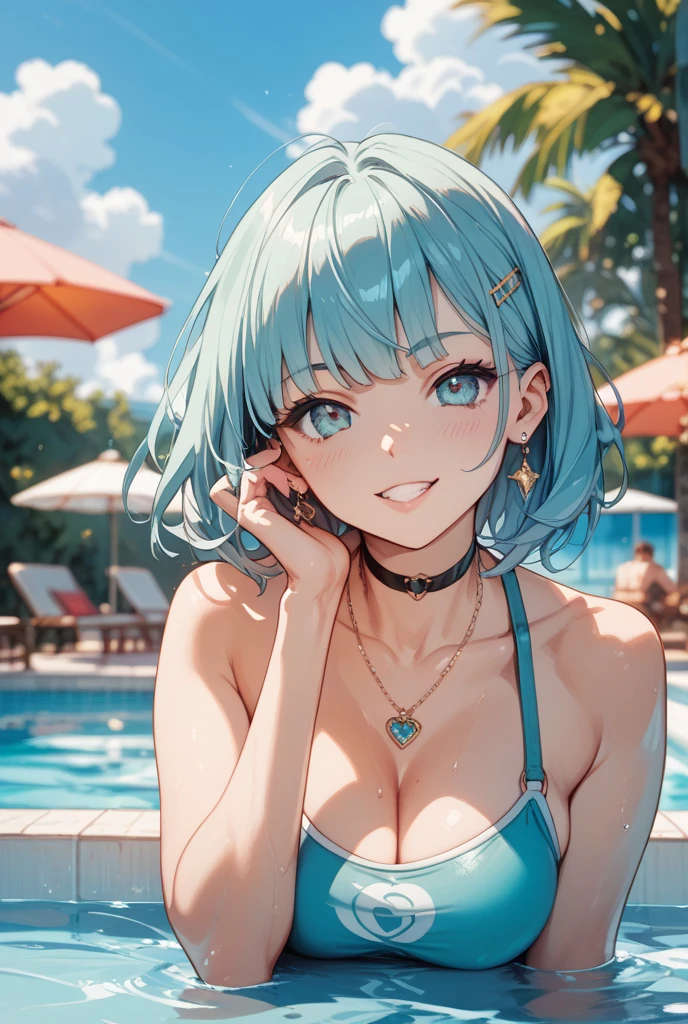 Official art、Top quality ultra-detailed CG art、a beauty girl:1.2)、Green Bite、Glossy hair、smooth hair、large blue eyes,Mid summer、kawaii、The sky is beautiful、Cute、bob cuts、Pink choker、Pink swimsuit、ssmile、