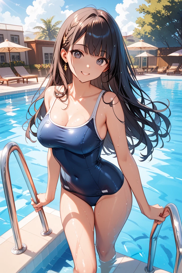 on the sea、big breasts、blue swimsuit、light blue long hair、smile、floating on a float
